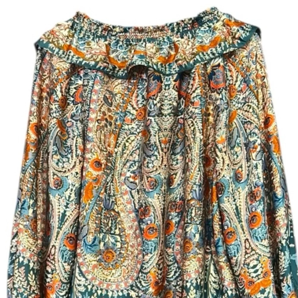 Umgee Boho Green Orange Floral Print Blouse Top V-Neck Long Sleeves Ruffle Small - Picture 7 of 11